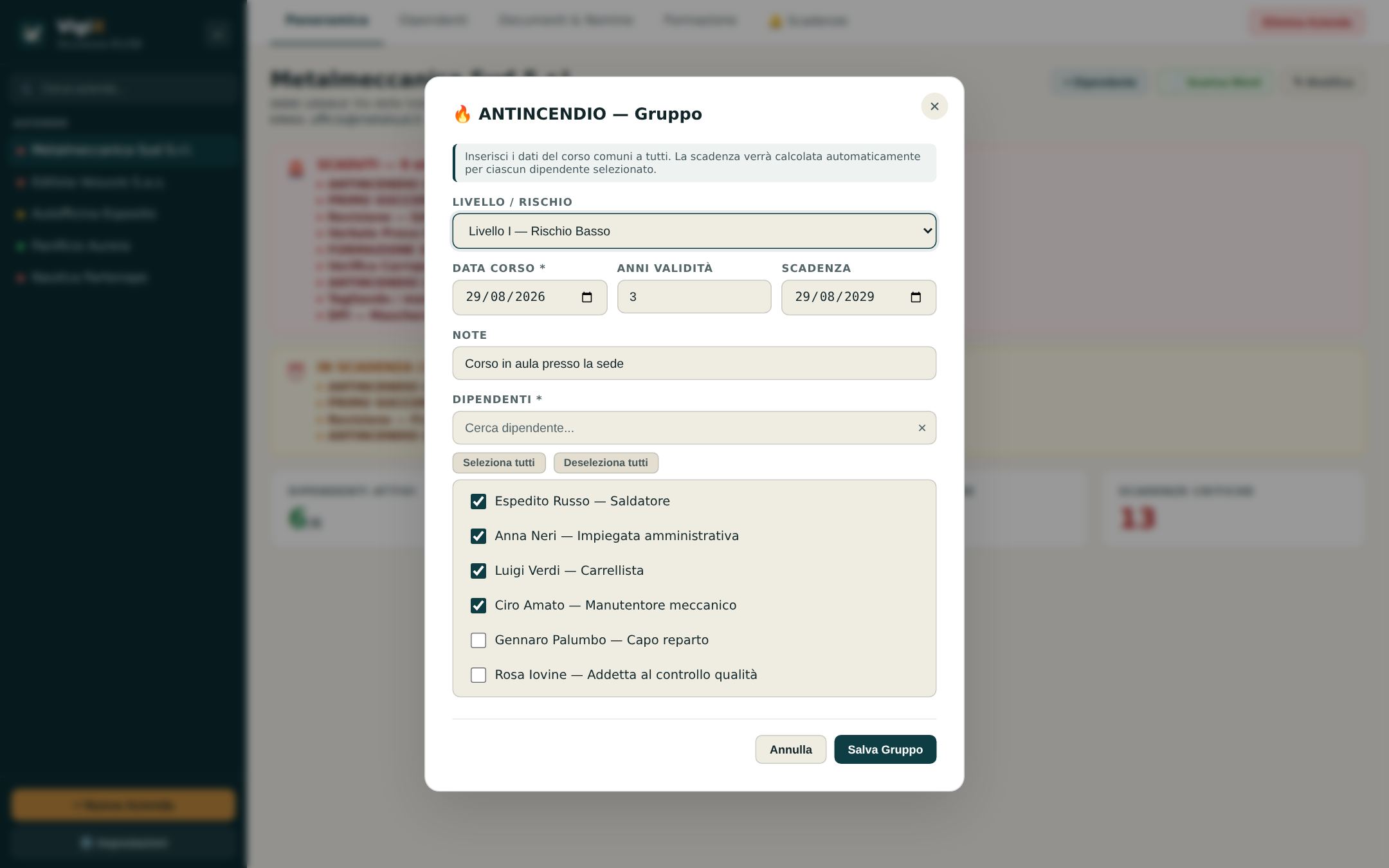 La finestra per registrare un corso a più dipendenti insieme