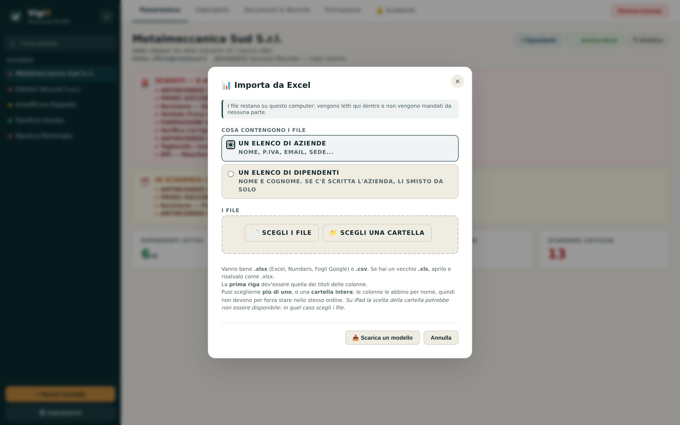 La finestra per importare aziende e dipendenti da Excel o da una cartella intera